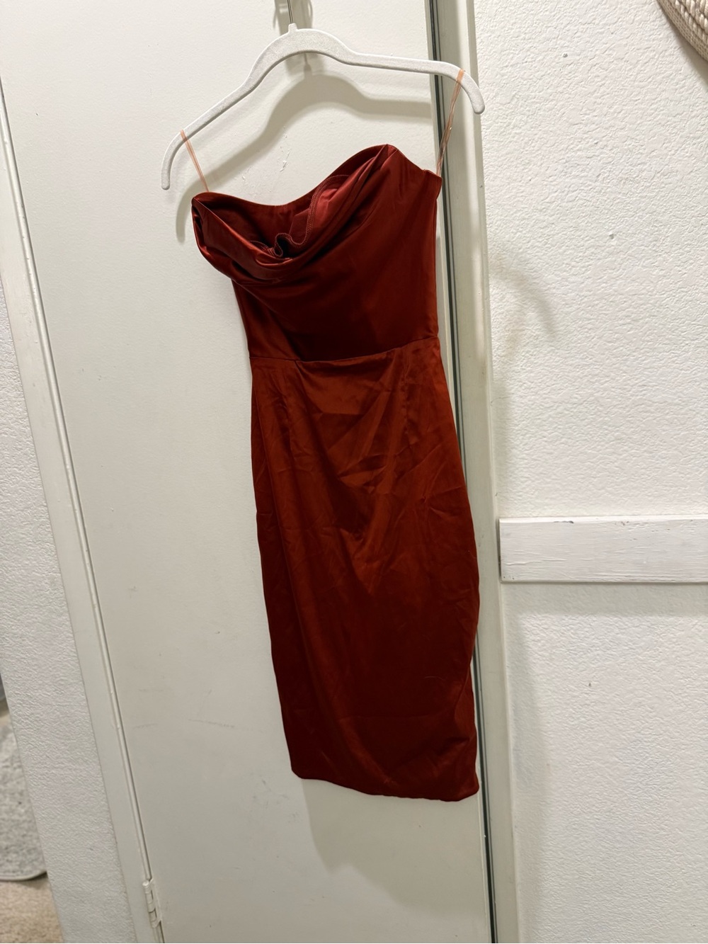 Oh Polly strapless satin Midi Dress in Deep Red size 2